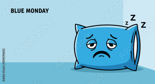 Sad blue pillow feeling tired on Blue Monday with sleepiness and ample copy space