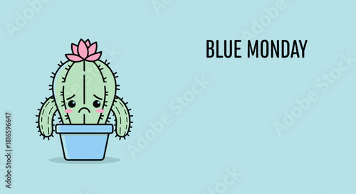Sad cactus in a pot feeling blue on Blue Monday with ample copy space