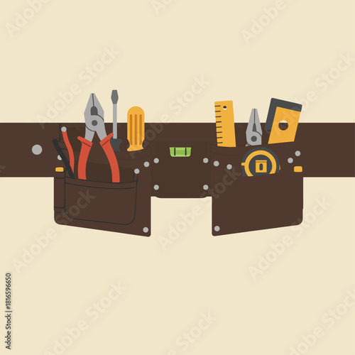 A brown tool belt filled with various hand tools like pliers, screwdrivers, a ruler, and a level, set against a light background.