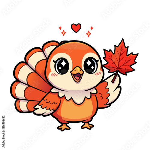 Adorable animated turkey bird illustration celebrating the beauty of fall with a vibrant red maple leaf