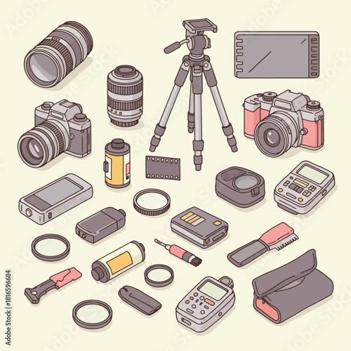 A collection of various photography equipment, including cameras, lenses, tripods, and accessories, arranged on a plain background.