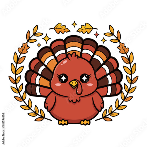 Charming illustration of a kawaii turkey character adorned with vibrant autumn foliage, perfect for Thanksgiving and fall designs