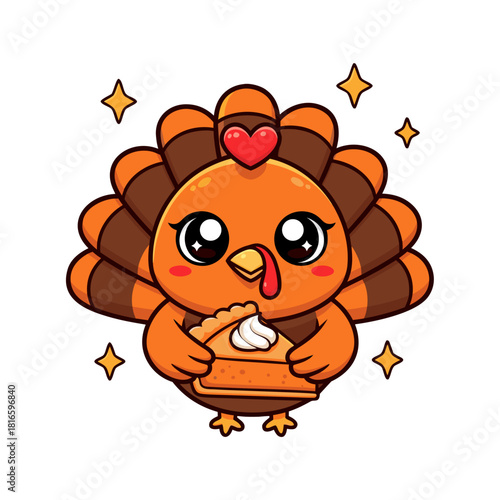 Whimsical cartoon turkey character joyfully holds a delicious slice of pumpkin pie, radiating festive autumn cheer and sweetness
