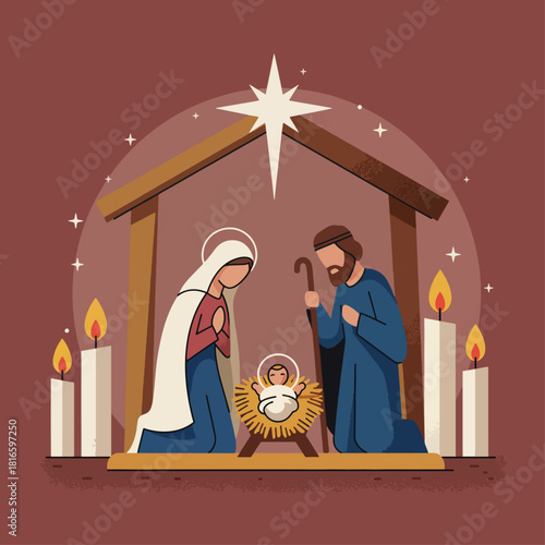 Flat illustration of the Nativity scene with Mary, Joseph, and baby Jesus in a manger under the Star of Bethlehem, surrounded by candles.