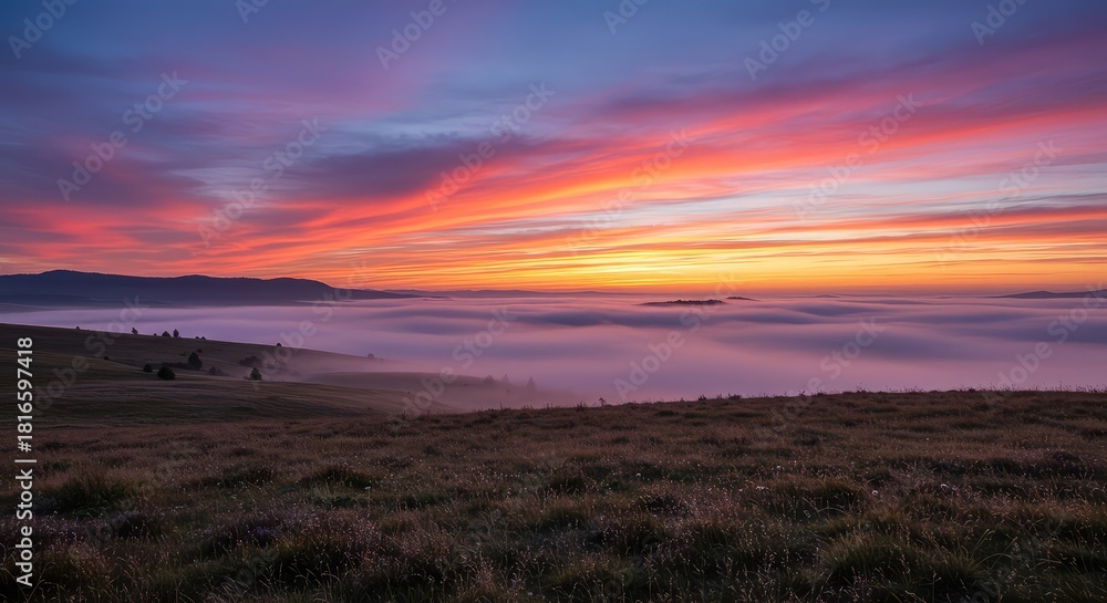 Obraz premium A stunning landscape view at daybreak with vibrant colors painting the sky and tranquil morning mist rising over the terrain ,view ,colorful ,glow