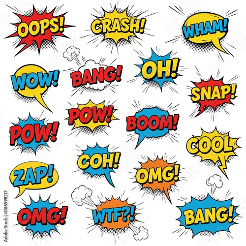 Retro Comic Pop Art Speech Bubbles: Dynamic Sound Effect Exclamations & Text Boxes Vector Pack