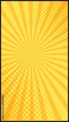 Yellow sunburst comic background with radiating halftone dots