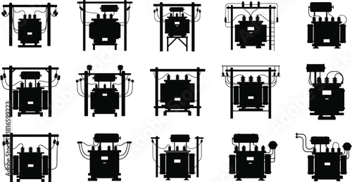 Electrical transformer silhouettes vector, insulators bushings cooling fins ladders piping illustration, power distribution infrastructure icons, energy grid system design graphics