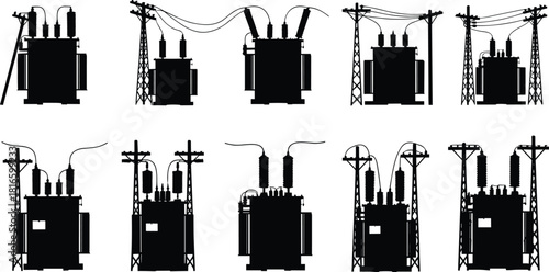 Electrical transformer pole silhouettes, power distribution system, utility infrastructure, high voltage insulators, energy network equipment illustration, electricity supply design, flat vector