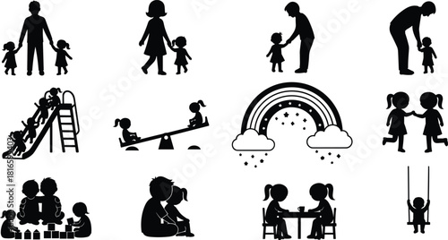 Child and adult silhouettes, parenting scenes, playtime moments, family interaction, vector icons, black and white, educational concept, nurturing care, childhood development, group activity,