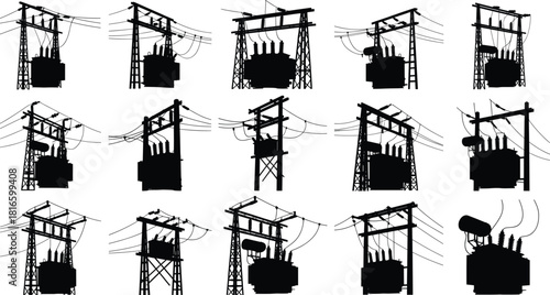 Electrical transformer silhouettes with utility poles, lattice towers, insulators, power lines, distribution systems, voltage infrastructure illustration, energy grid network design, flat vector