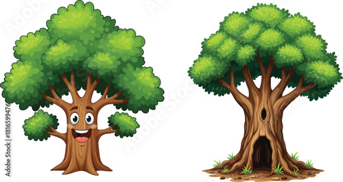 Cartoon tree characters, smiling tree face, forest illustration, nature design, animated tree, greenery, woodland, foliage, trunk, playful, cute