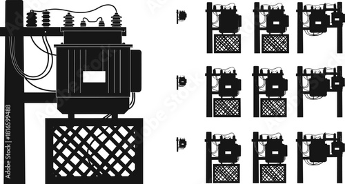 Electrical transformer silhouettes, utility pole design, power distribution system, insulator wiring illustration, energy infrastructure, industrial equipment scene, technical diagram, flat vector