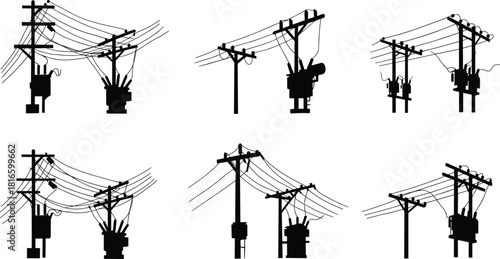 Electrical utility pole silhouettes with transformers, insulators, power lines, distribution systems, infrastructure design, energy supply illustration, grid network, flat vector