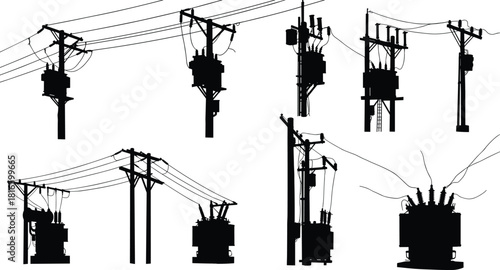 Electrical utility pole silhouette set, transformer vector illustration, power line infrastructure design, energy distribution system, industrial electricity flat vector