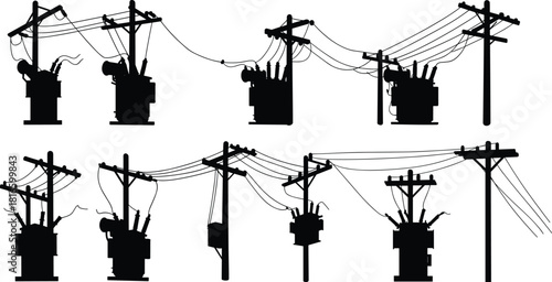 Electrical utility poles with transformers, insulators, crossarms, power lines, distribution systems, voltage grid, energy infrastructure, electricity supply illustration, flat vector