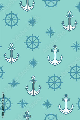 Nautical pattern featuring anchors ship wheels and compasses
