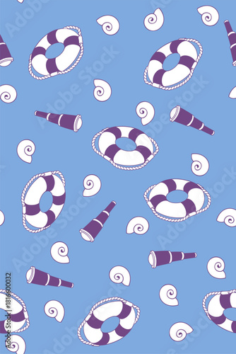 Nautical marine seamless pattern with lifebuoy and seashells