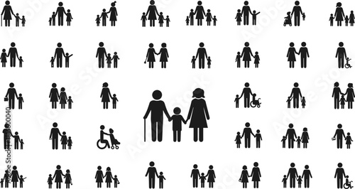 Family icons, diverse family silhouettes, inclusive family icons, parenting icons, single parent icons, elderly family icons, intergenerational icons, modern family icons