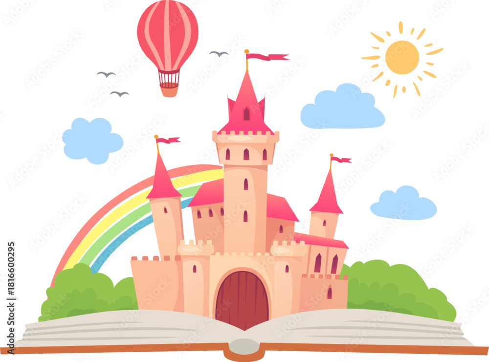 Fototapeta premium Fairytale castle appearing from open book illustration