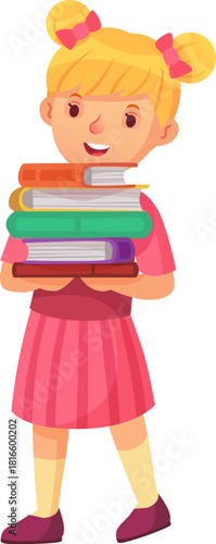 Young student girl carrying many books for school