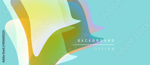 Abstract colorful shapes overlap, creating dynamic visual effect. Light blue backdrop complements vibrant hues. Minimal text present.