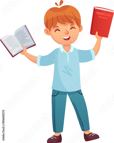 Joyful boy holding books, celebrating learning and education