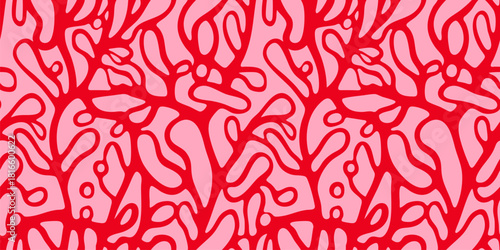 Abstract vector seamless pattern. Funky groovy colorful texture with organic shapes, botanical elements, cellular structures, liquid forms. Simple pink and red wavy background. Repeated modern design