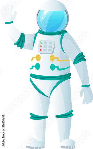 Astronaut waving hand in space suit illustration
