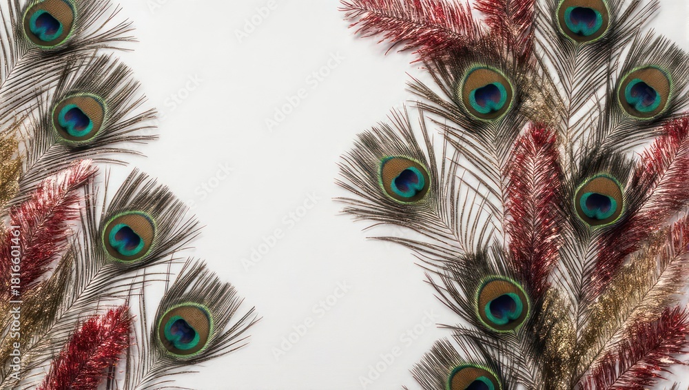 Obraz premium Elegant peacock feathers and decorative plants on white background.
