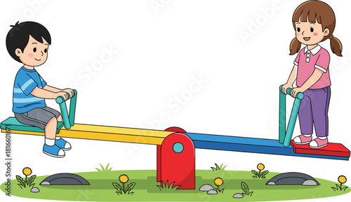 Children playing on seesaw, colorful playground activity, outdoor fun, park setting, balance and cooperation, vector illustration, childhood moment