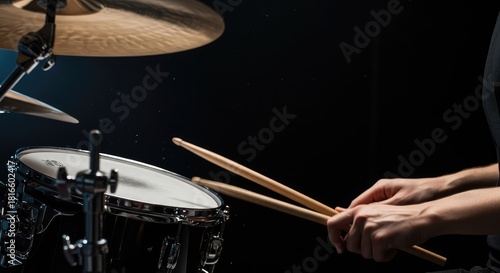 Dynamic close-up shot of wooden drumsticks striking the cymbal and drumhead during an energetic live music performance emphasizing rhythm and sound ,equipment ,musical ,professional