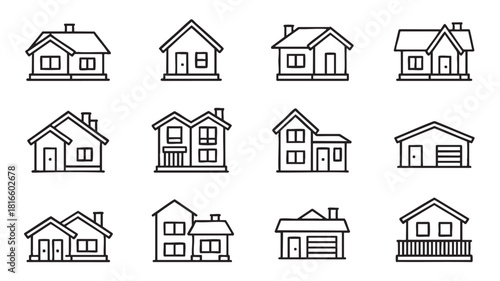 Group of line art icons representing various house styles