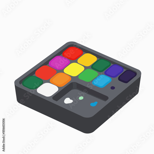 A dark grey paint palette with many colorful paint wells and a mixing area.