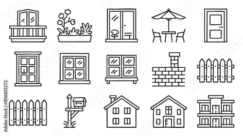 Outline Icons of Balcony, Plants, Door, Umbrella Table, and Houses