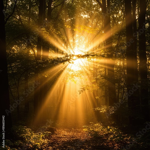 Golden hour light streaming through dense forest canopy creating ethereal beams and glowing atmosphere. Warm, bright, natural energy ,celestial ,peaceful ,atmosphere