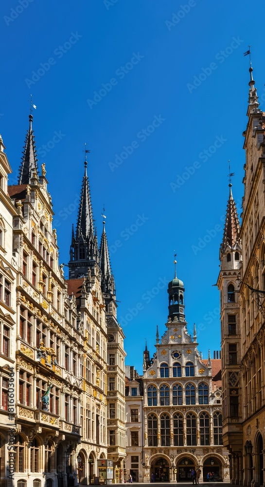 Fototapeta premium Historic central European plaza building featuring ornate stone facades and classic tall spires against a clear blue sky ,Architecture ,old ,ornate stone