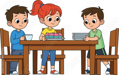 Children preparing food, dining table scene, teamwork and sharing, kitchen activity, social interaction, vector illustration, childhood cooperation moment