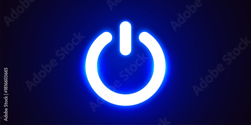 Glowing blue power button symbol on a dark background. Concept of technology, energy, and control.