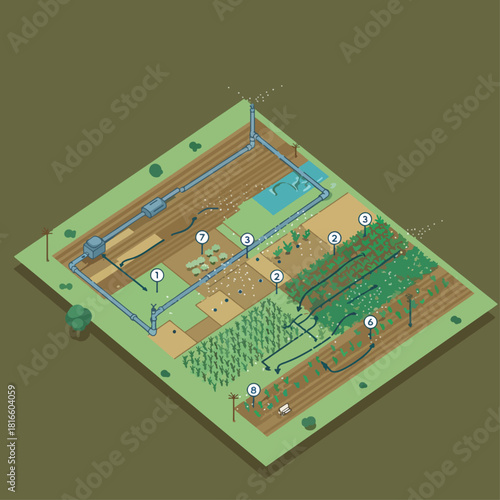 Isometric diagram illustrating a modern farm with diverse crops and an efficient irrigation system for sustainable agriculture.