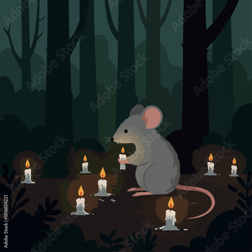 A grey mouse holding a lit candle in a dark forest surrounded by other glowing candles on the ground.