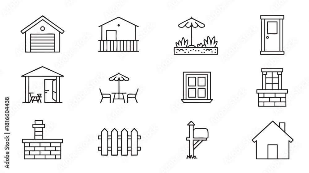 Fototapeta premium Various House Outlines and Yard Elements Icons home