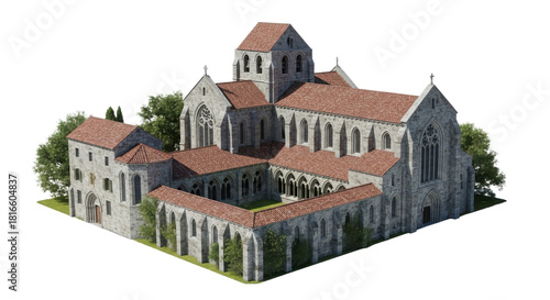 Detailed 3D Render of Historical Romanesque Abbey or Monastery Building Model isolated on Transparent Background