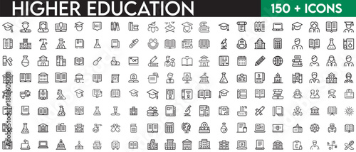 Set of outline icons related to higher education, university. Linear icon collection. Editable stroke. Vector illustration. with white background
