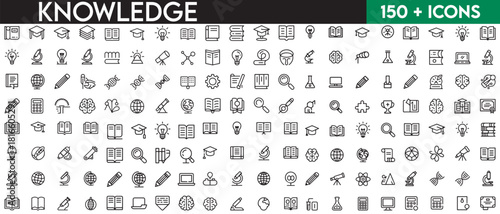 Set of outline icons related to knowledge. Linear icon collection. Editable stroke. Vector illustration. with white background