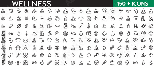 line icons related to wellness, wellbeing, mental health, healthcare, cosmetics, spa, medical. Outline icon collection. Editable stroke. Vector illustration. with white background