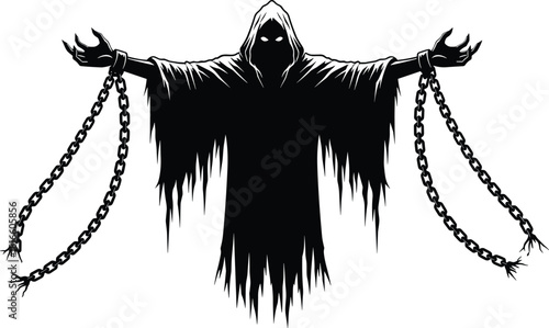Dark ghost figure, broken chains, hooded spirit, glowing eyes, horror vector, supernatural entity, fantasy art, eerie silhouette, haunted escape, vengeance theme