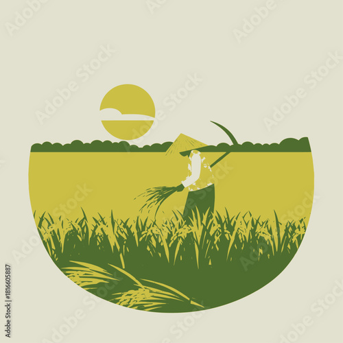 Stylized illustration of a farmer in a conical hat harvesting rice in a lush green paddy field under a warm sun, depicted within a circular frame.