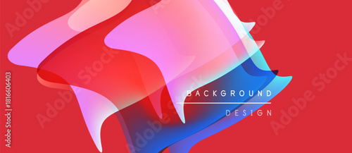 Abstract fluid shapes overlap, creating vibrant color gradients. Red background emphasizes dynamic design elements, modern aesthetic.