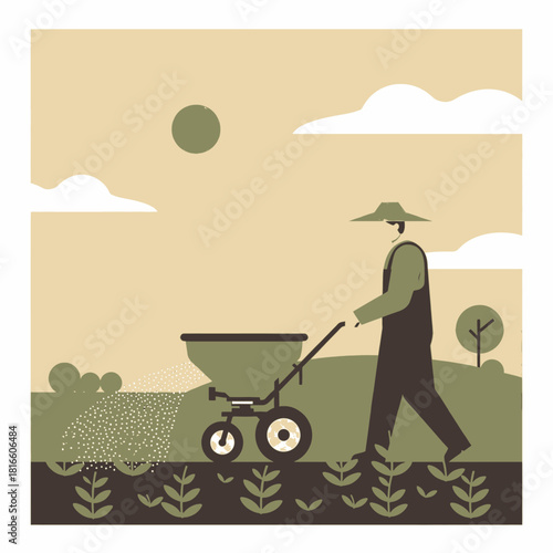 A farmer or gardener pushing a fertilizer spreader across a field with rows of young plants under a sunny sky.